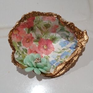 Floral Decoupage Trinket Dish with Mint Flower Accent
